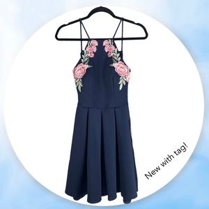 B Darlin Open Low Back Embroidered Flower Fit & Flare Dress Halter Navy 3  4